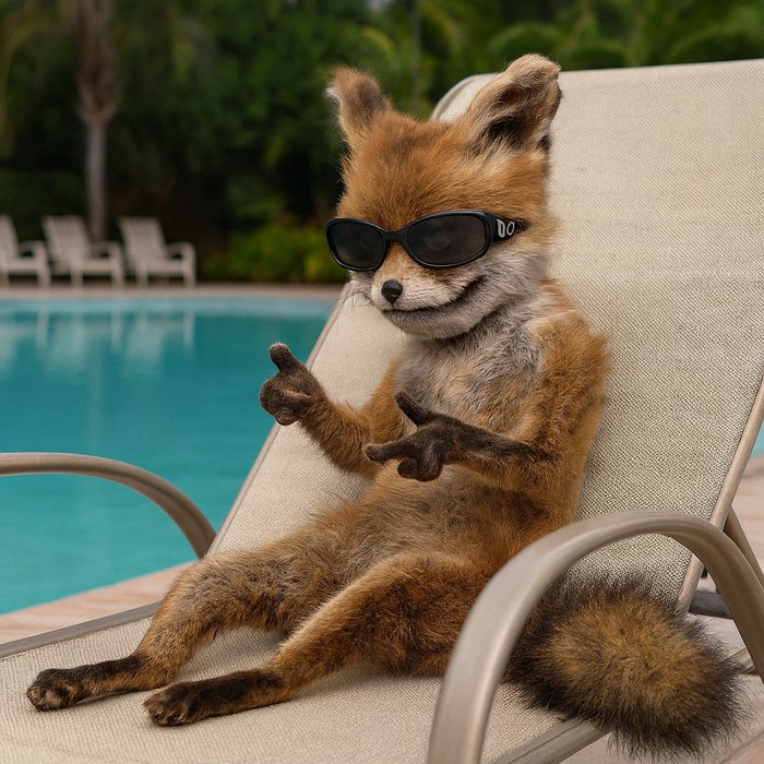 Mascote raposa da Humor da Fox usando óculos escuros